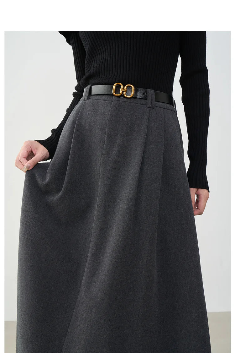 VIMLY Midi Women Skirt 2025 Autumn Office Lady Gray A-line Bud Elegant Ladies Skirt Zipper Loose Pockets Female Skirts A2202