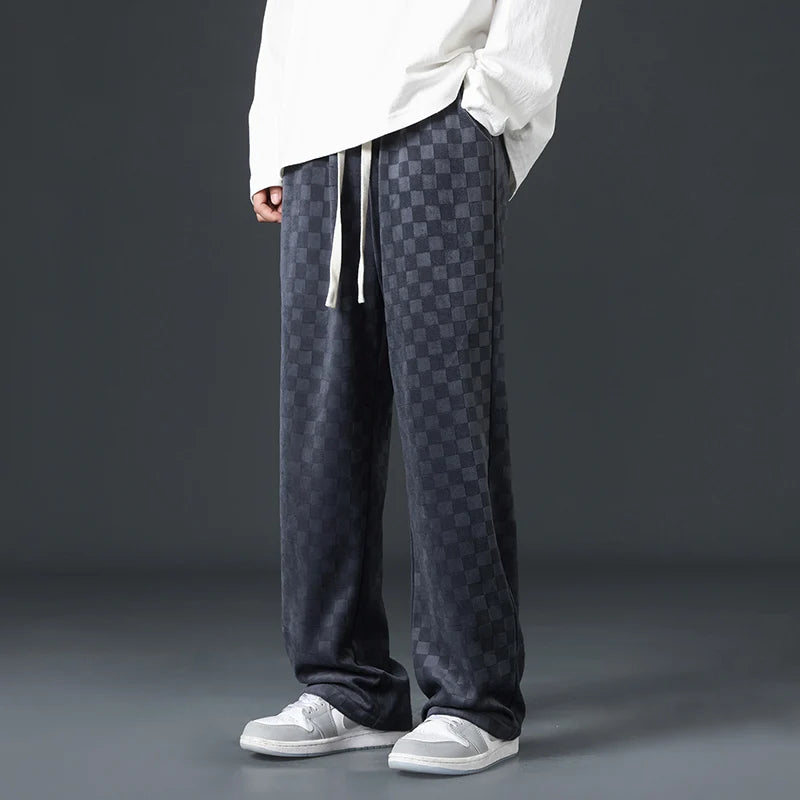 Men's Checkered Velvet Sweatpants, Loose Drawstring Trousers, Trendy Checkered Pattern, Fall and Winter Casual Streetwear