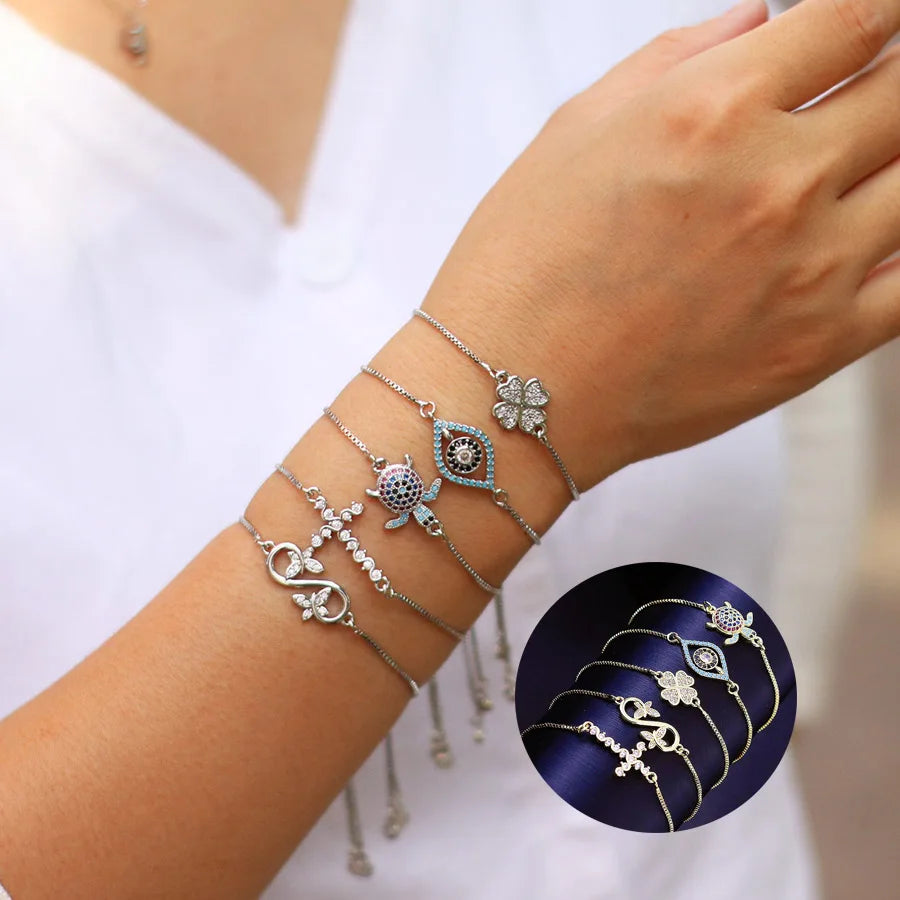 Fashion Gold Silver Color Women Chain Bracelet Adjustable Link Braclet Evil Eyes Butterfly Flower Cross Cuckold Braslet Joias