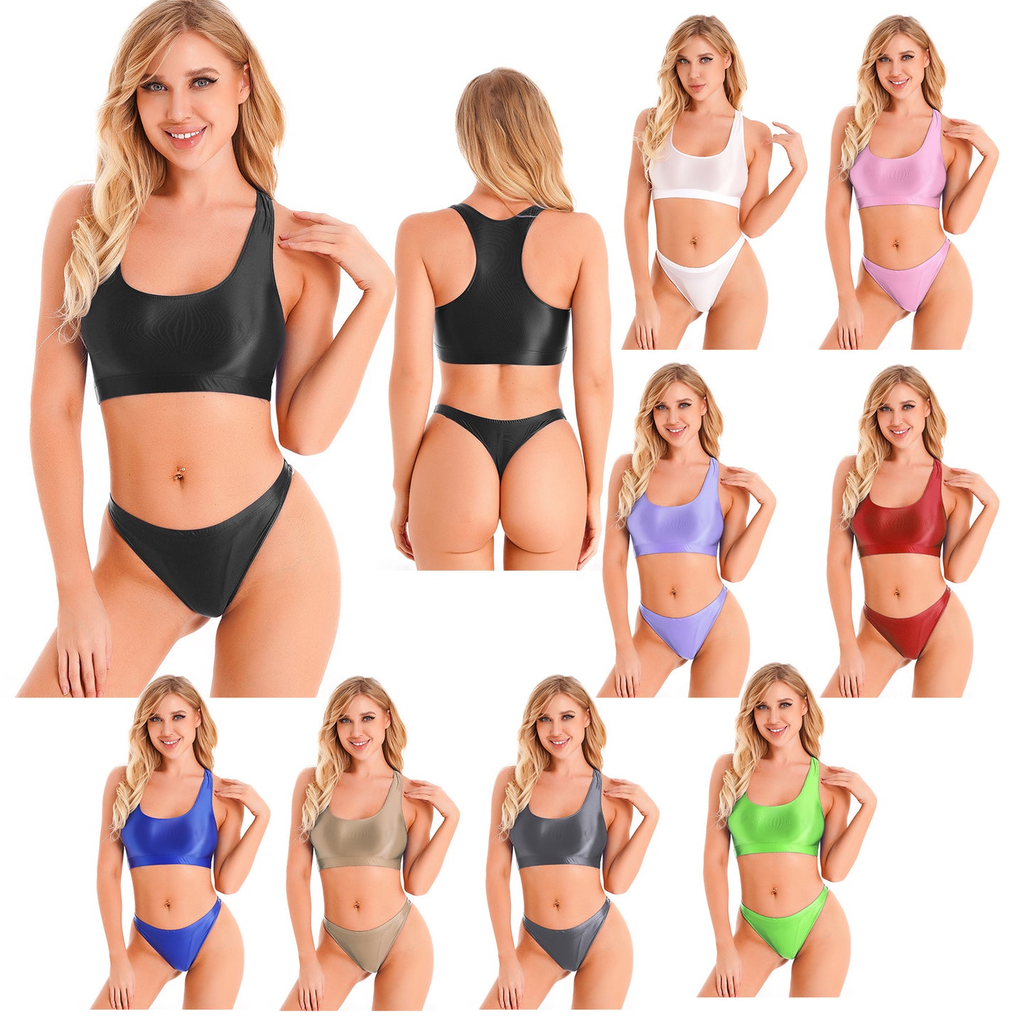 Women Glossy Swimsuit Outfit Oil Shiny Camis Crop Top Sports Fitness Smooth Tank Tops T-shirt With Panties Boxer Shorts Swimwear