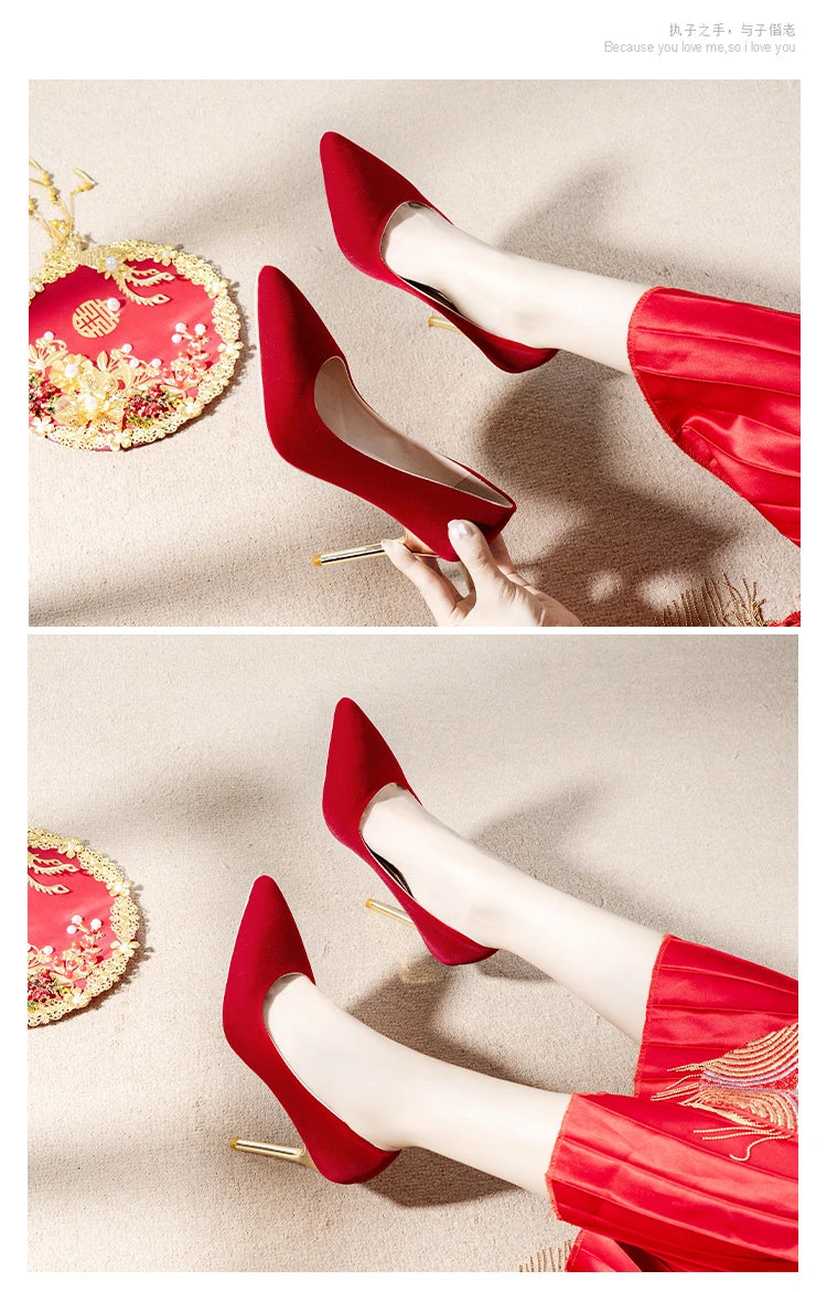 12cm   Red Heels Oversized Women's Heel Shoes 45 Red Wedding Shoes Flannelette Super High Heel Women's Shoes Zapatos De Mujer