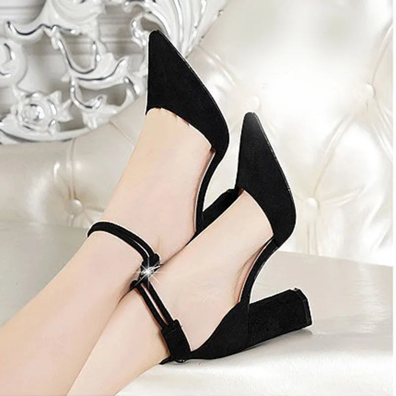 2025 Summer Square High Heels Women Shoes Flock Pointed Sandals Sexy Female Sandalias Shoes Ankle Buckle 6cm Heel Casual Pumps