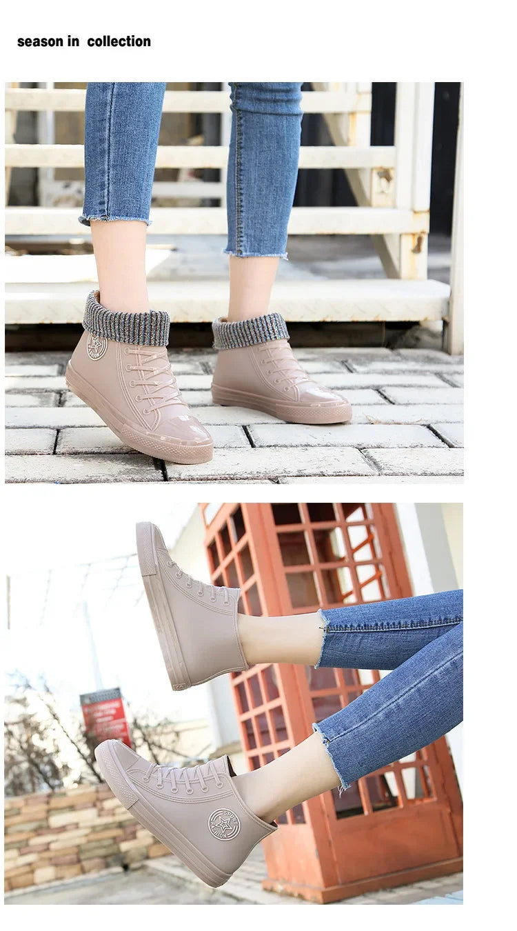 Anti-Slip Short Tube Waterproof Women's Rain Boots Fashionable Kitchen Work Rubber Shoe Covers Fishing Shoes PVC Material Adult