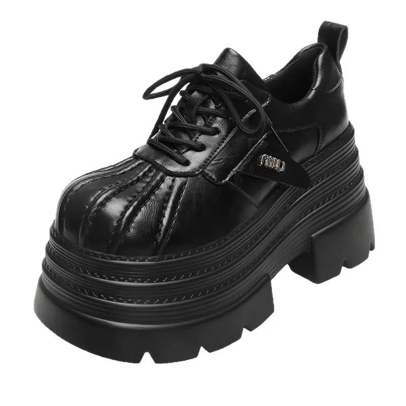 New 2025 Spring Women's Leather Sneakers High Platform Lace-up Casual Shoes Thick Sole 10CM Heels Walking Shoes