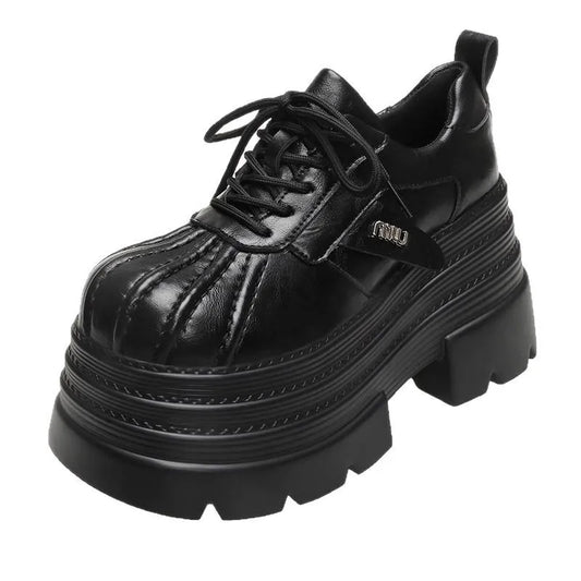 New 2025 Spring Women's Leather Sneakers High Platform Lace-up Casual Shoes Thick Sole 10CM Heels Walking Shoes