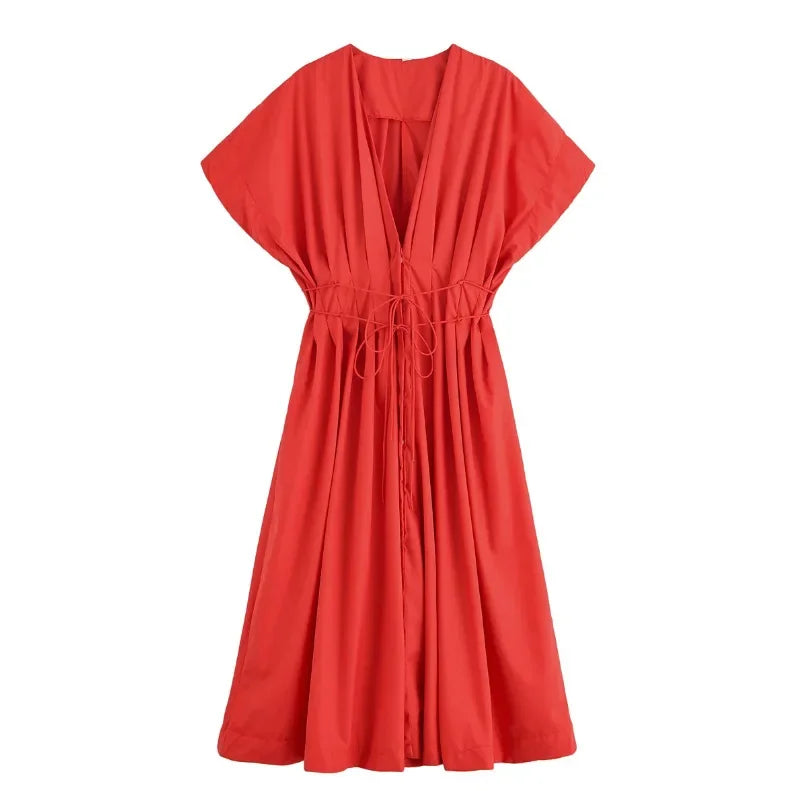 Slimming Casual Short Sleeve Pleated Shoulder Draped Dress Versatile Women's Fashion Design Knee-Length V-Neck Dress