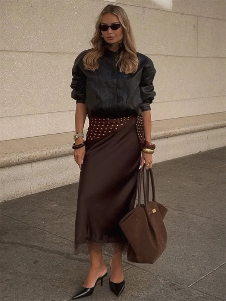 Tossy Fashion Autumn Lace Maxi Skirt For Women High Waist Slim Satin Elegant Commute Party Looks Female Printed Lace Long Skirt