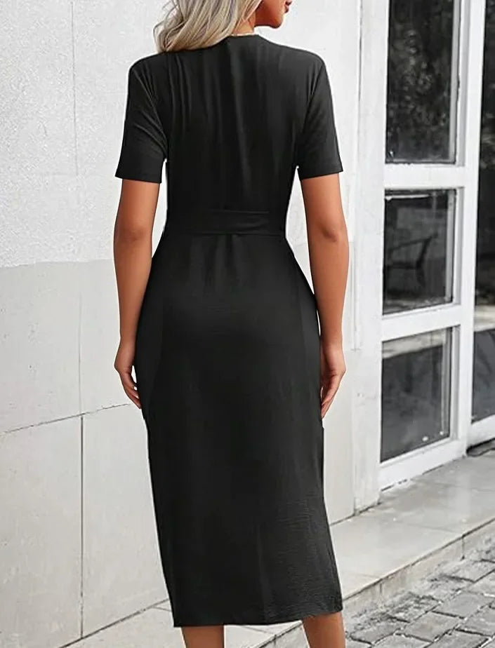 Casual Short Sleeve Women's Shirt Dress Solid Color Lapel Button Cinched Temperament Slit Dress Spring Summer New Commuter Dress