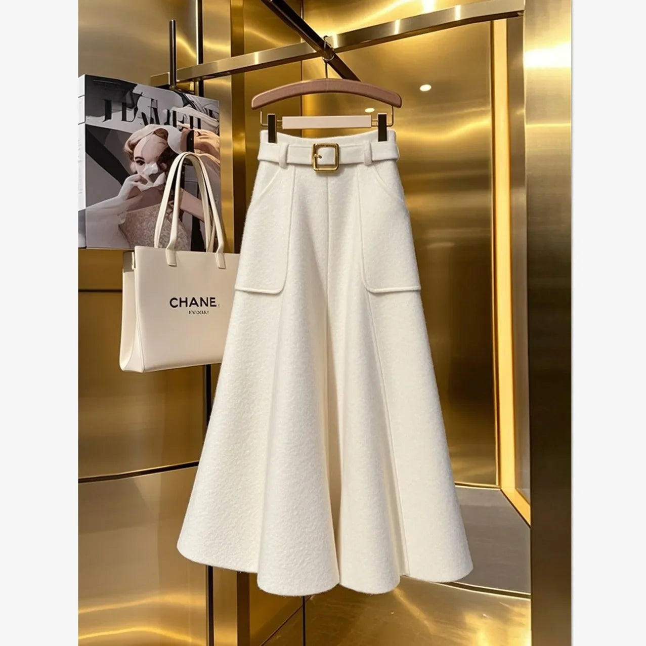 New French High End Elegant Skirt Women Fashion Pockets High Waist Casual A-line Slim Office Lady Skirts Spring Autumn Clothing