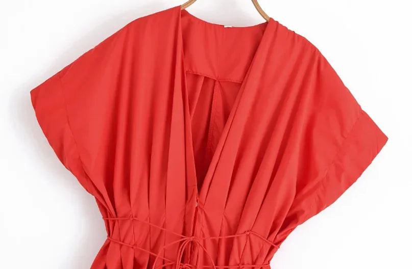 Slimming Casual Short Sleeve Pleated Shoulder Draped Dress Versatile Women's Fashion Design Knee-Length V-Neck Dress