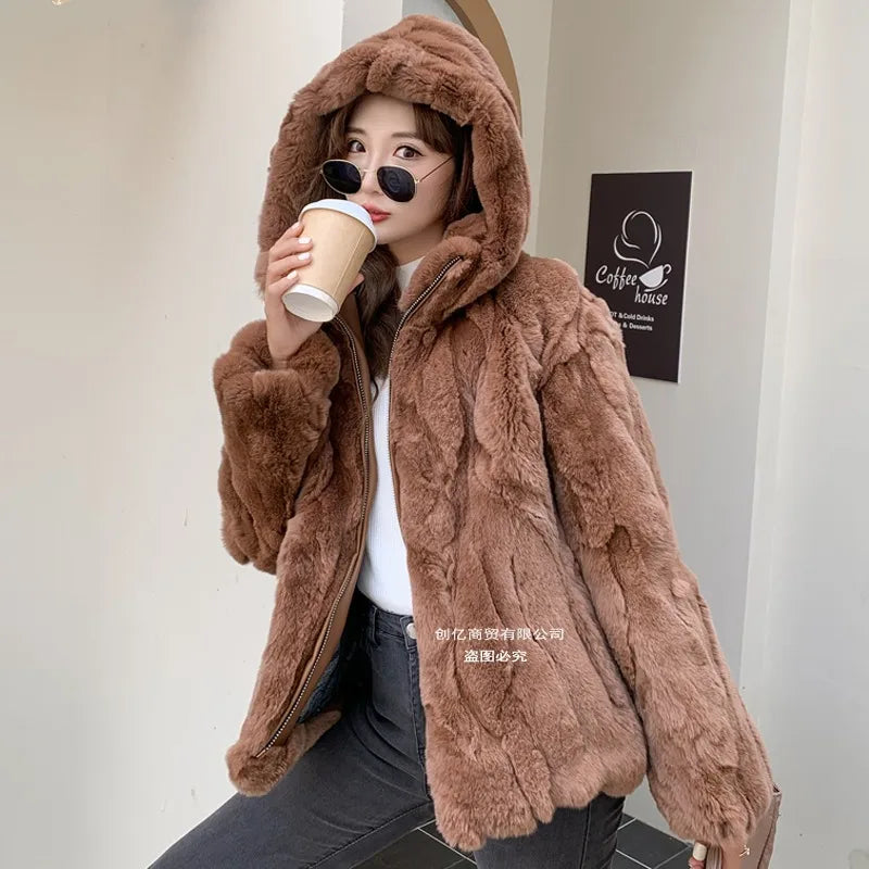 100% Real Rabbit Fur Coat Women Winter Loose Hooded Zipper Natural Fur Jacket Thick Warm Woman Clothing Female Furry Outerwears