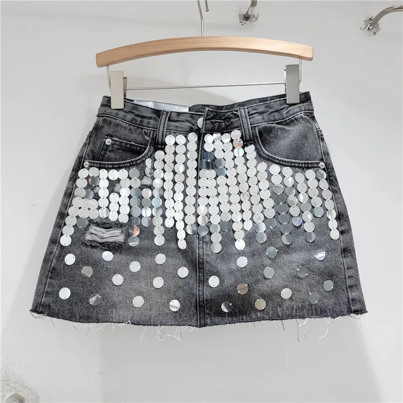 Summer new high waisted A-line sequins raw edges denim skirt for women
