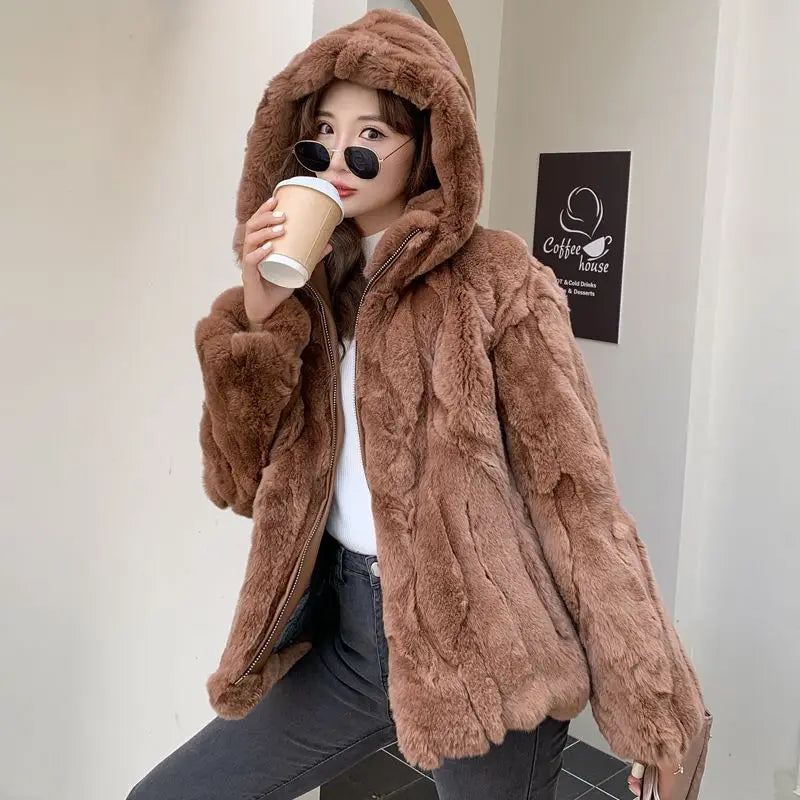 100% Real Rabbit Fur Coat Women Winter Loose Hooded Zipper Natural Fur Jacket Thick Warm Woman Clothing Female Furry Outerwears