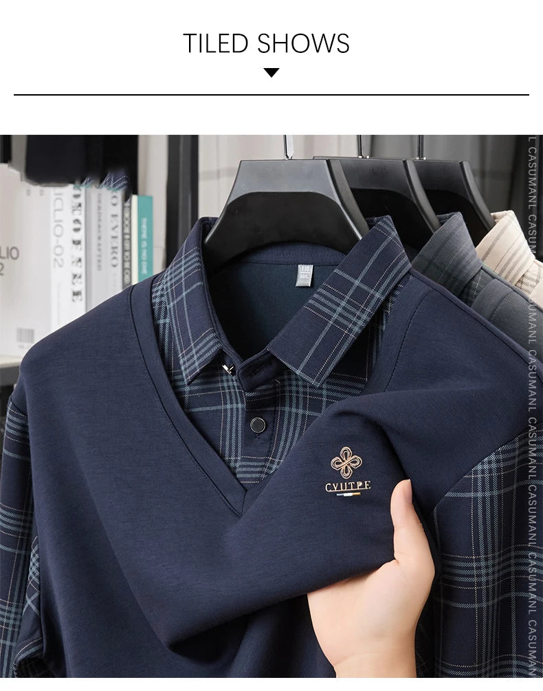 TFETTERS Long Sleeve Polo Shirt Men 2025  Autumn New Business Slim Fake Two Shirt Man Casual Loose Plaid Graphic Shirt for Men