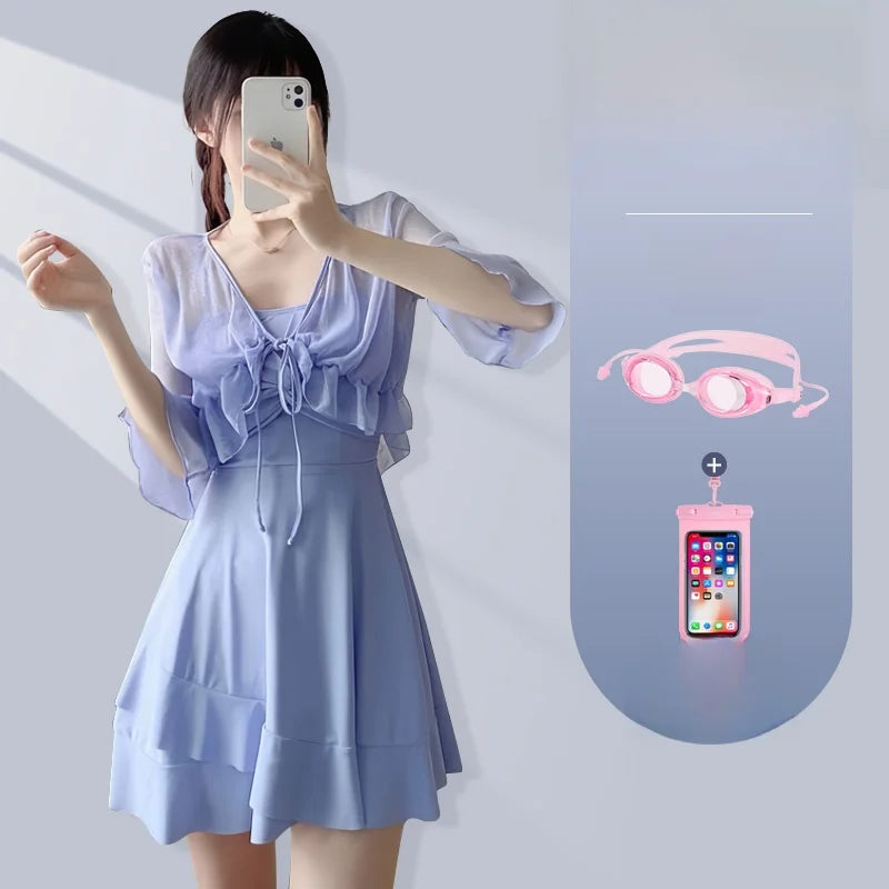 Women's High-End Bikini Tee-Piece Set Skirt Sle Faionable Thermal Spa Swimsuit Meat Covering Slimming Beachwear