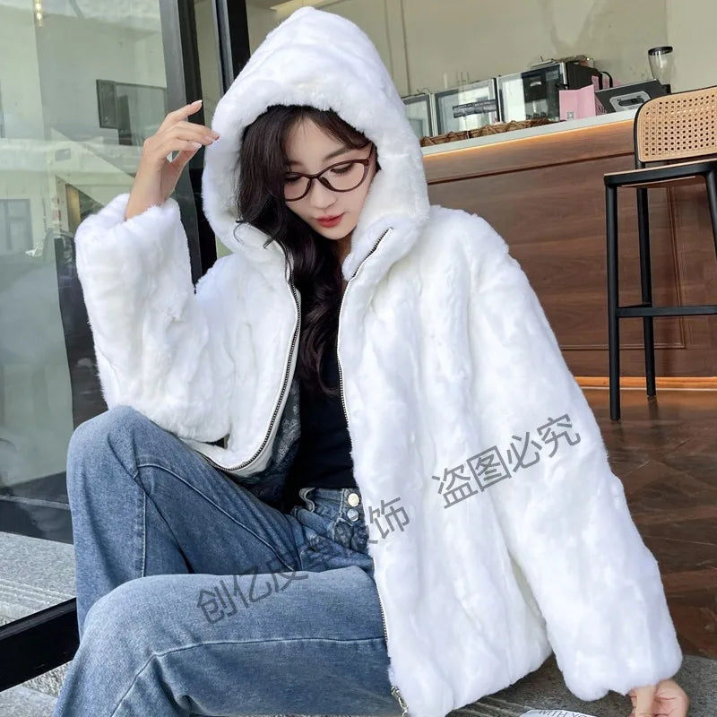 100% Real Rabbit Fur Coat Women Winter Loose Hooded Zipper Natural Fur Jacket Thick Warm Woman Clothing Female Furry Outerwears