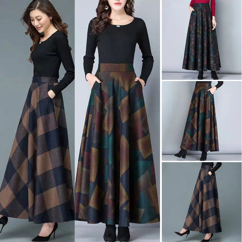 Ladies Skirt Women 1* Cocktail Autumn High Waist Fashion Evening Loose Vintage Party Pleated Maxi Plus Size Printed