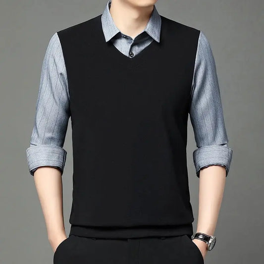 Fake Two Pieces Men Polo Shirts Turn-down Collar Striped Patchwork Business Casual Thermal Long Sleeve Comfortable Knitted Tops