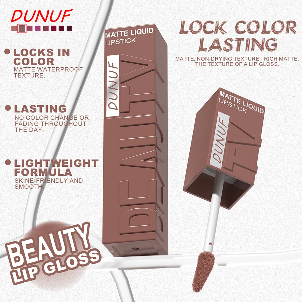 DUNUF  8-color matte velvet smooth easy-to-apply square tube lip gloss waterproof three-dimensional plumping lipstick