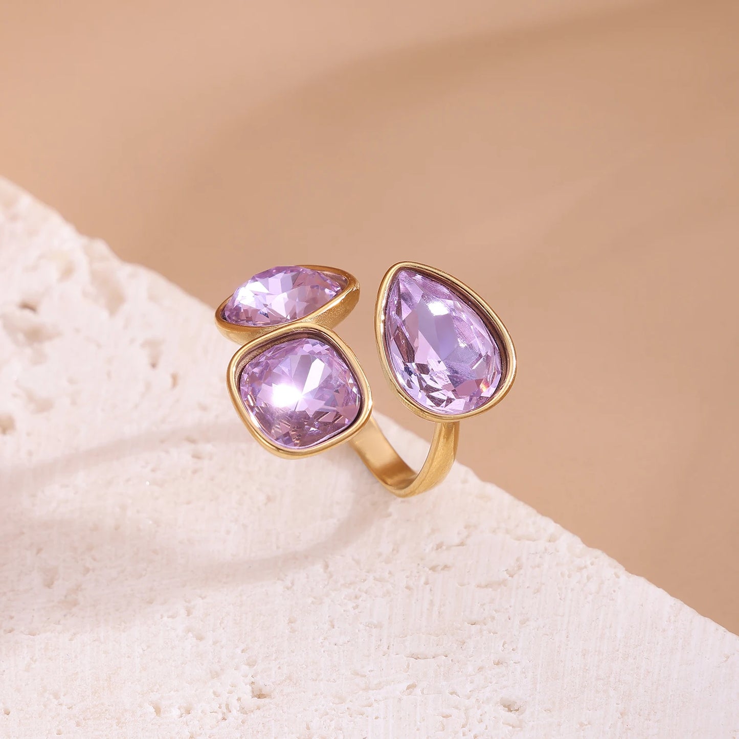 18k gold color stainless steel ring with crystal ring for women light luxury high-grade color open stainless steel