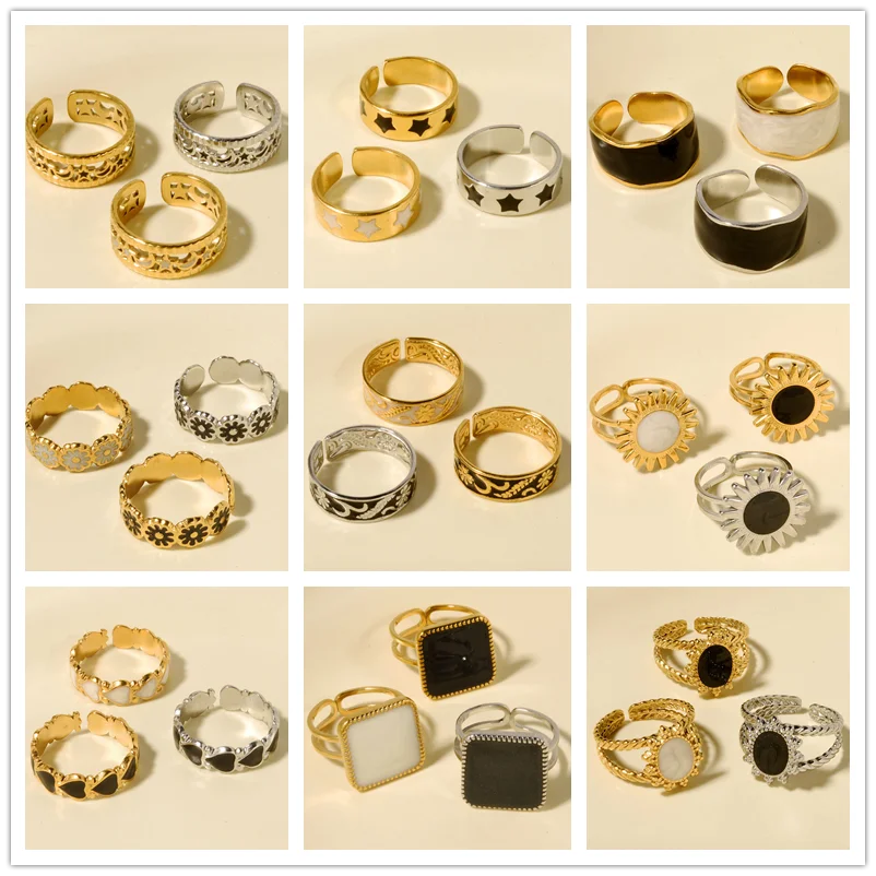 Elegant Ring Enamel Stainless Steel Rings For Women Men Accessories Flower Plant Jewelry Open Adjustable Real Gold Plated Bagues