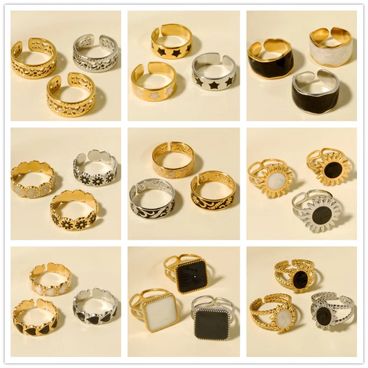 Elegant Ring Enamel Stainless Steel Rings For Women Men Accessories Flower Plant Jewelry Open Adjustable Real Gold Plated Bagues