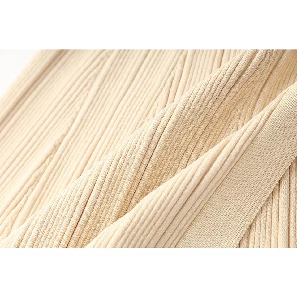 Elegant Evening Dress Women V Neck Long Sleeve Patchwork Button Pleated Sweater Dresses 2024 Autumn Winter Knit Maxi Dress