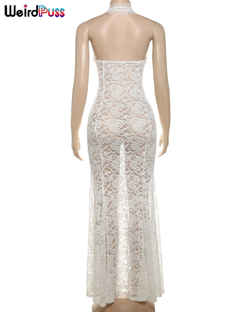 Weird Puss Lace Sexy Halter Dress Party Women Chic Backless Sleeveless Hollow Wedding Dinner Summer Vacation Bodycon Vestidos