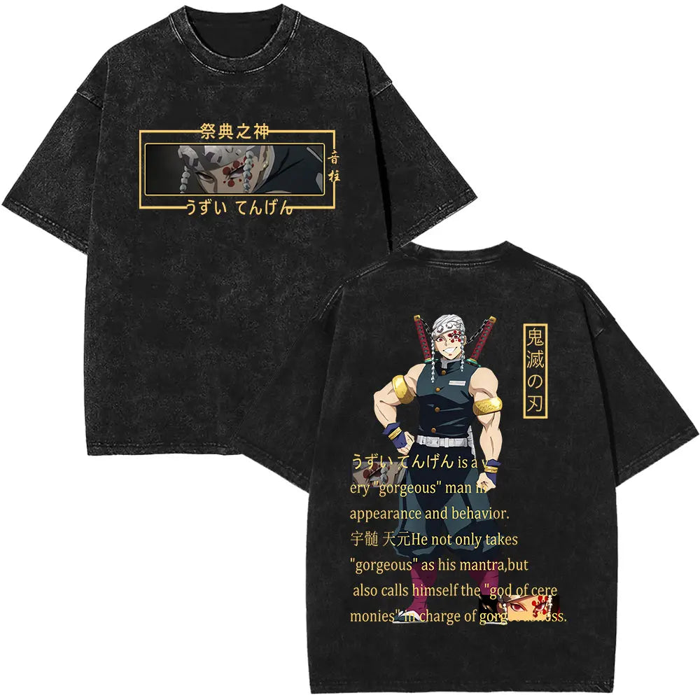Demon Slayer Tengen Uzui Ninju Mice GYM Washed T Shirts Kimetsu No Yaiba Tee Shirt Cotton T-Shirt Unisex Casual Oversized Tops
