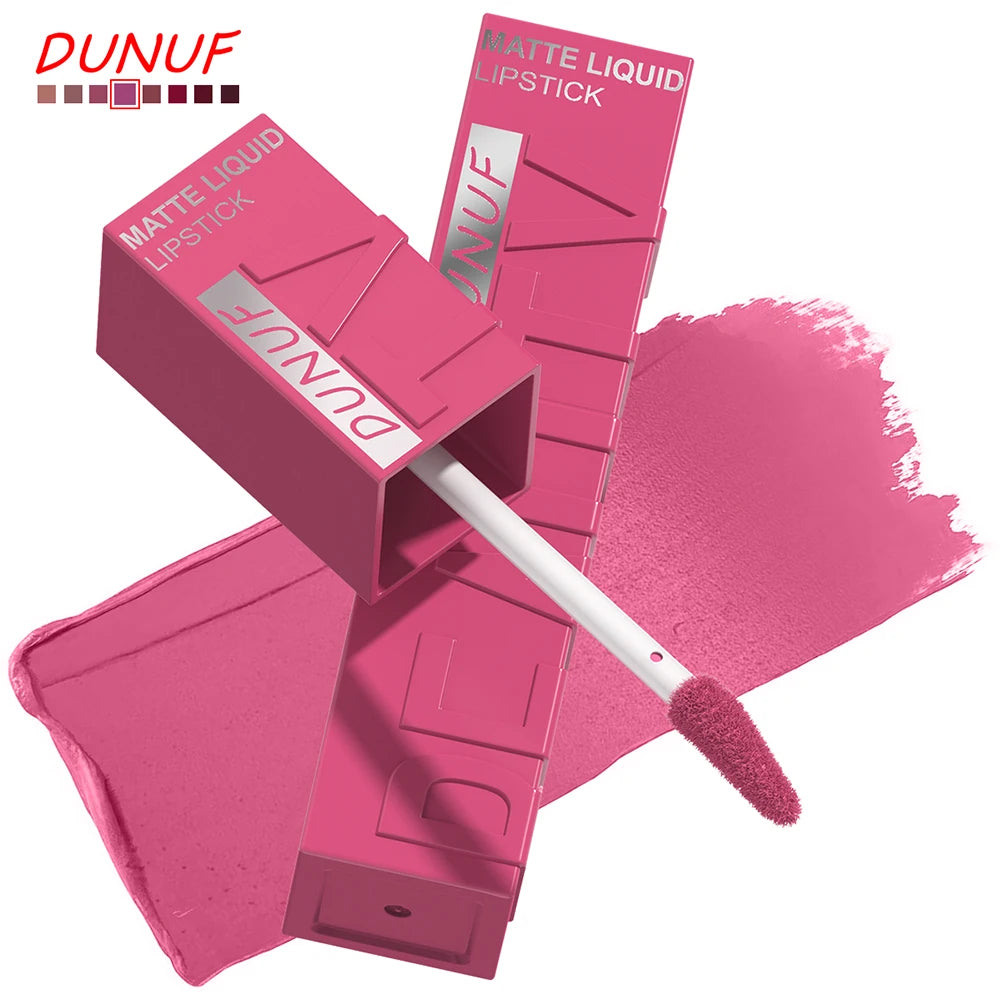 DUNUF  8-color matte velvet smooth easy-to-apply square tube lip gloss waterproof three-dimensional plumping lipstick