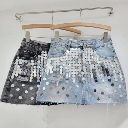Summer new high waisted A-line sequins raw edges denim skirt for women