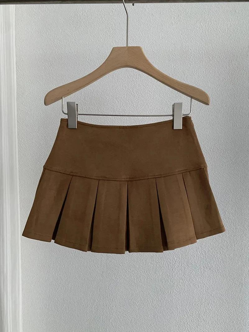 Oumale Pure Color Suede Mini Skirt Women's Autumn New Korean Style Slimming Anti-Light Pleated Short Skirt A- Line