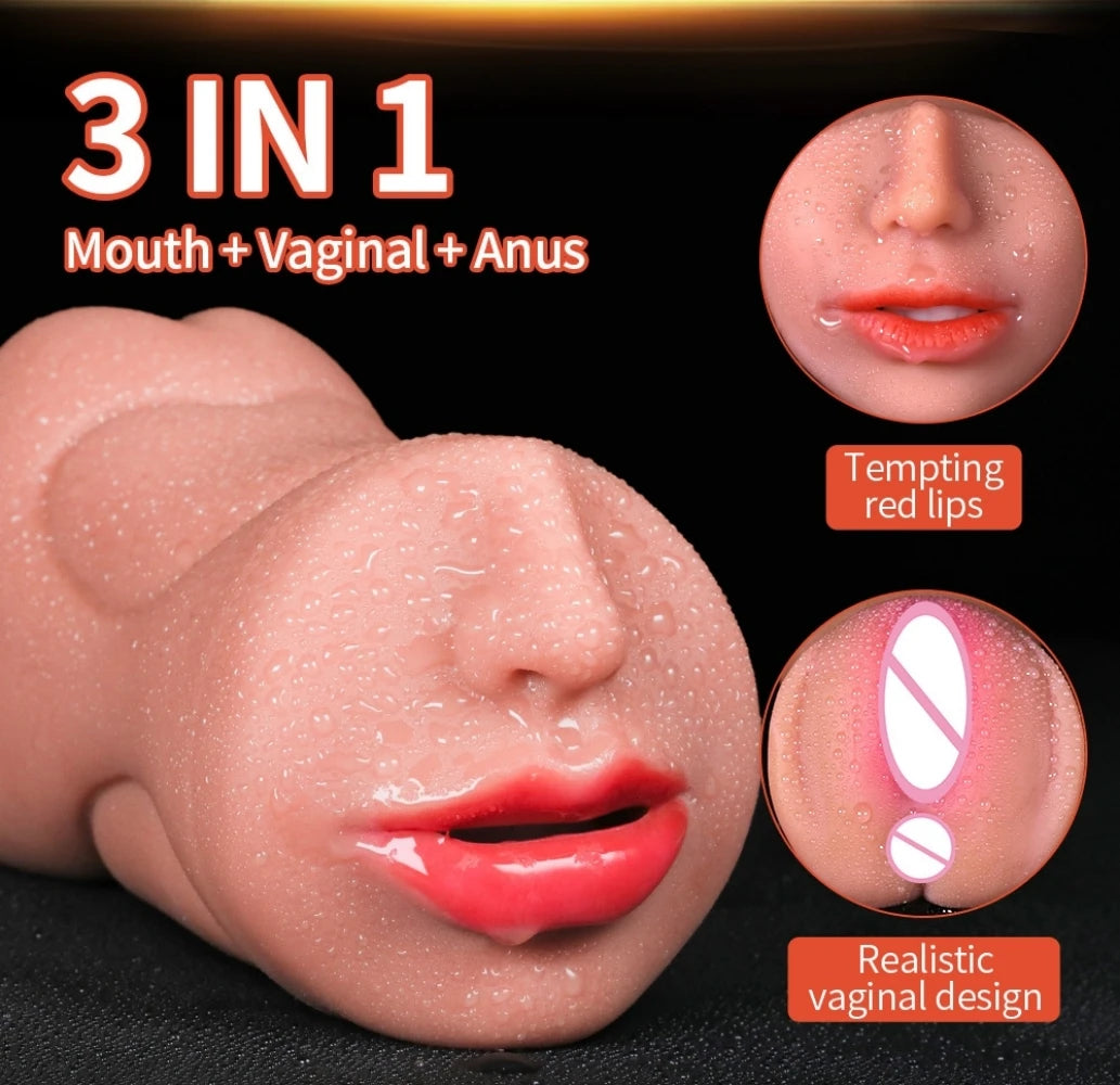 3-in-1 Male Masturbator - Deep Throat + Artificial Real Pussy + Realistic Rubber Vagina, Oral Blowjob Toy