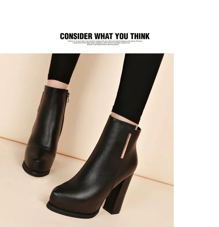 Autumn Winter Plush Boots Women British Thick Heel Waterproof Platform Thick Bottom Short Boot High Heels Lady