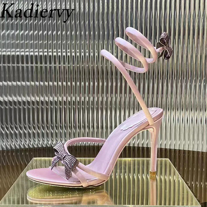 Summer High Heels Sandals Woman Butterfly-knot Rhinestone Snake Twine Around Ankle Strap Wedding Shoes Thin Heels Sandals Women