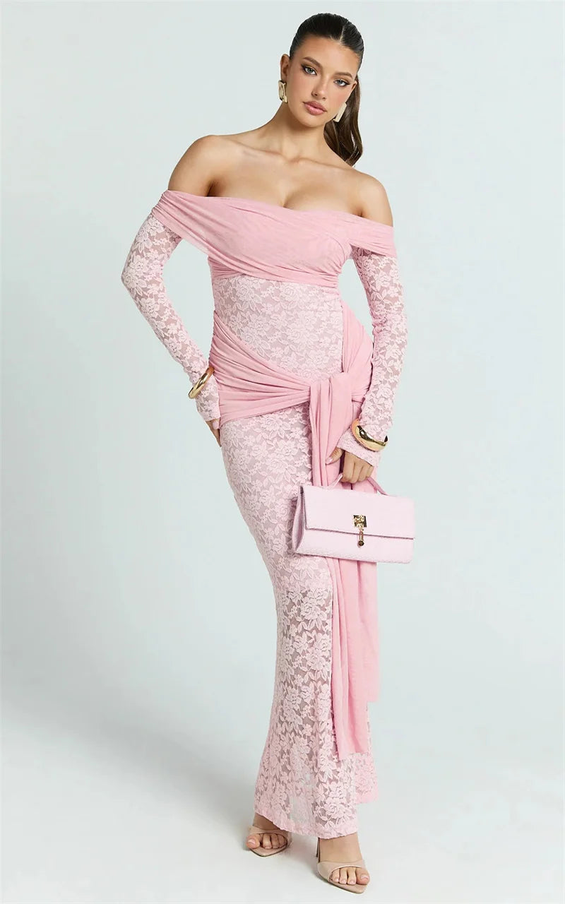 Mozision Off-shoulder Strapless Sexy Maxi Dress Women Gown Elegant Long Sleeve Backless Ruched Draped Club Party Long Dresses