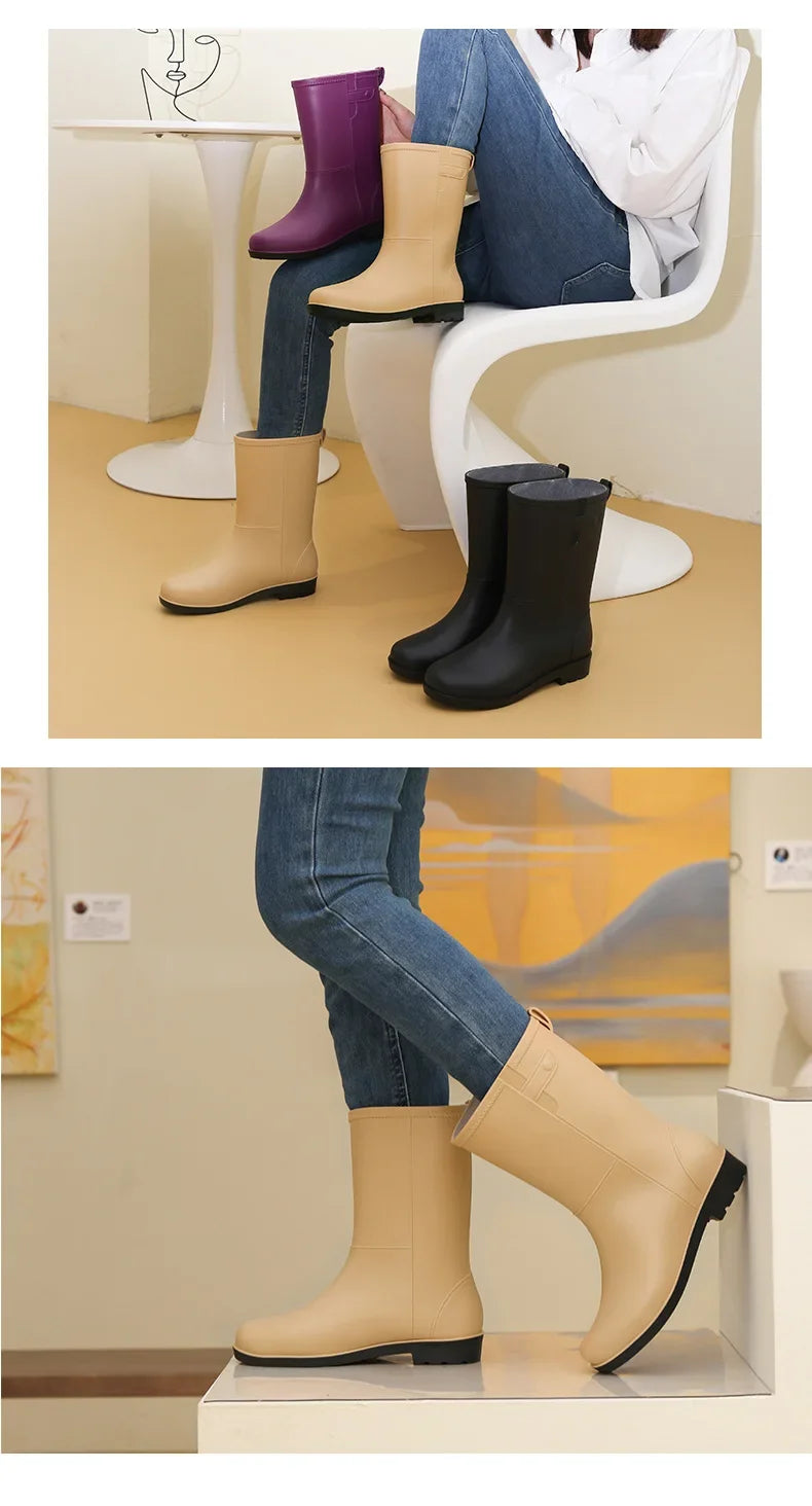 Fashionable Women's Mid-Calf Rain Boots Fleece Lined Anti-Slip Half Boots Adult Rain Shoes Wholesale From China Land