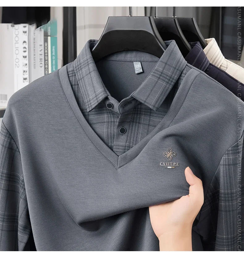 TFETTERS Long Sleeve Polo Shirt Men 2025  Autumn New Business Slim Fake Two Shirt Man Casual Loose Plaid Graphic Shirt for Men