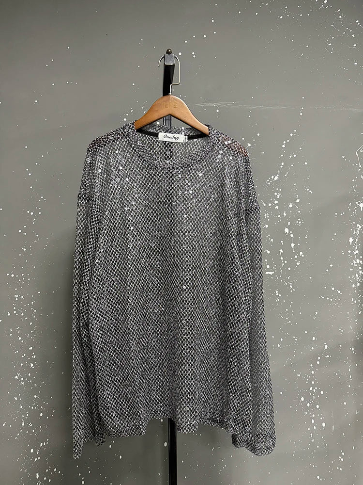 FEWQ Sequins Decoration Men's T-shirts Mesh Design Round Collar Tops Long Sleeved See-through Pullover Male Tees Niche 24K4819