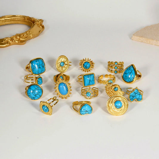 2pcs/lot Vintage Turquoise Gold Plated Knuckle Rings Blue Synthetic Stone Stainless Steel Rings Boho Jewelry Women Gifts No Fade