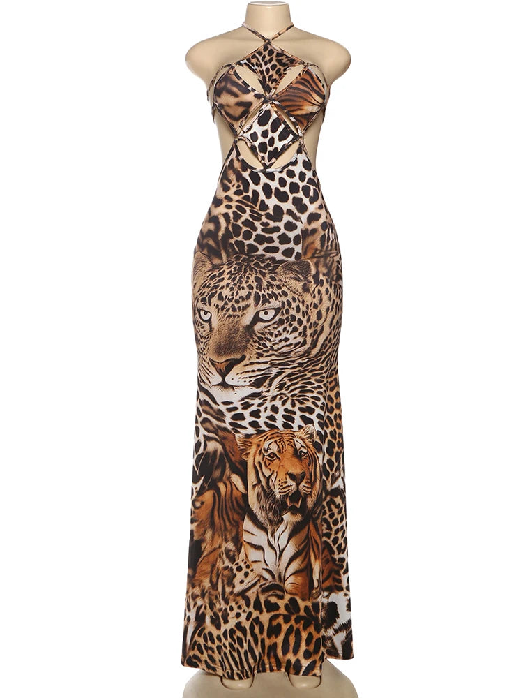 Sisterlinda Sexy Backless Dress Women Hollow Tiger Print Sleeveless Stretch Turtleneck Midnight Prom Party Clubwear Long Bodycon