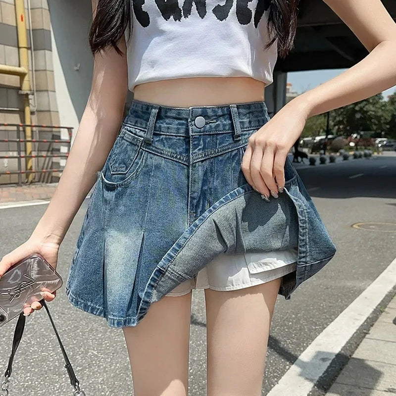 Fashionable High Waist A- Line Mini Skirt Women's Summer New Style American Retro Denim Skirts Cotton Slimming Pleated Skirts