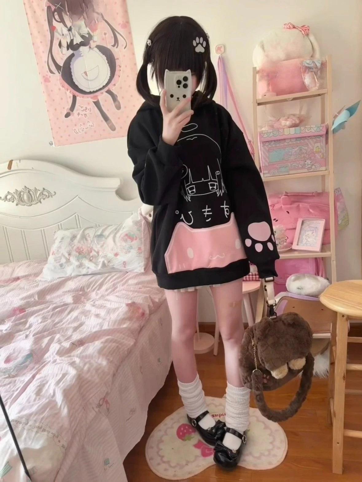 Japanese Cute Gothic Cat Ears Hooded Coat Vintage Printed Pockets Hoodie Streetwear Y2k Aesthetic Long Sleeve Sweatshirt Winter