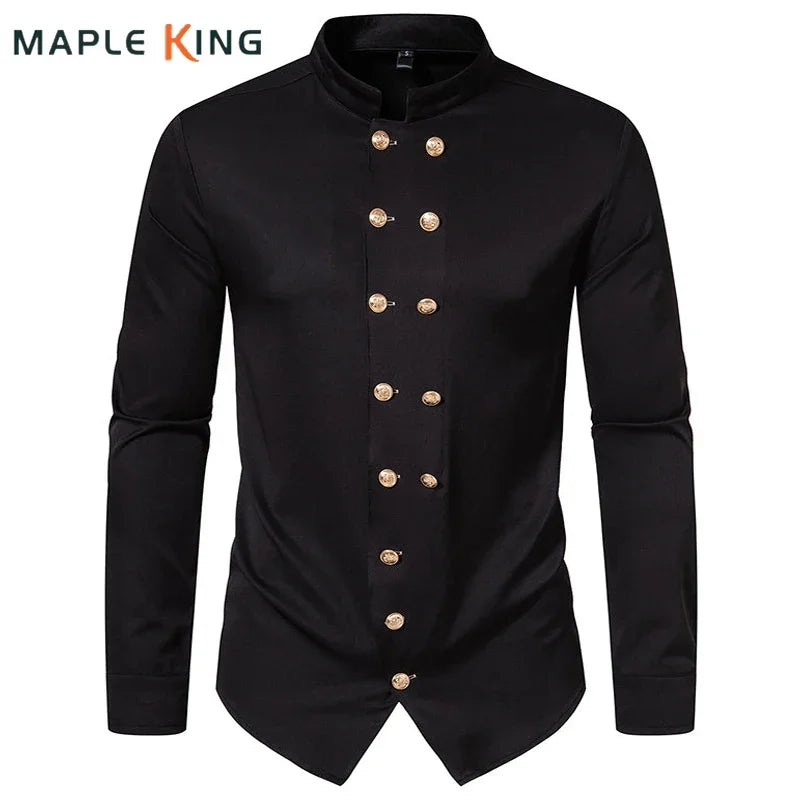 Double Breasted Formal Dress Shirts for Men New in Steampunk Nightclub Party Prom Henry Collar Gothic Shirts Mens Stage Costumes