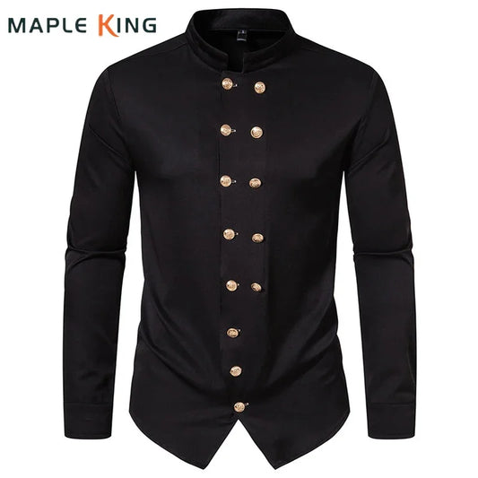 Double Breasted Formal Dress Shirts for Men New in Steampunk Nightclub Party Prom Henry Collar Gothic Shirts Mens Stage Costumes