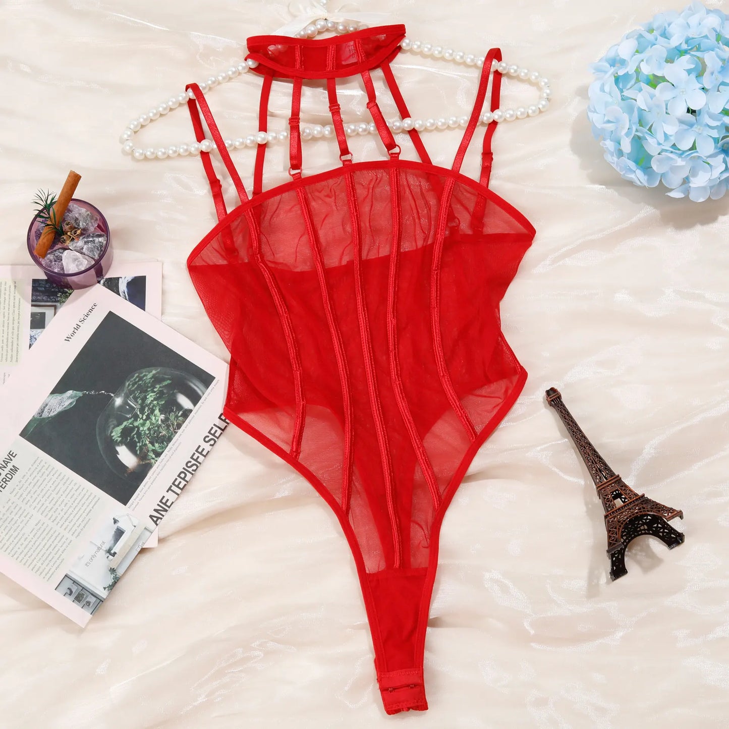 Sexy See-through Mesh Hanging Neck Bodysuits Women's Hollow Out Erotic Jumpsuits Slim Lingerie Bodyshaper Halter Onesie Bodysuit