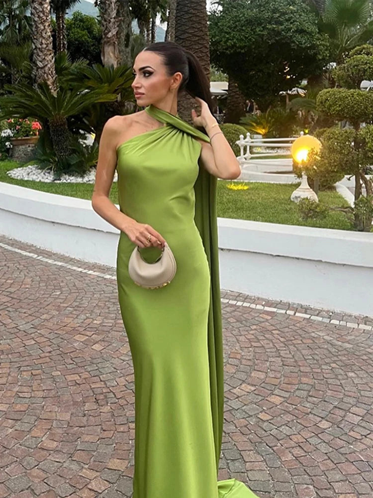 Elegant Ribbon Halter Dress Women Solid Off Shoulder Sleeveless Backless Slim Maxi Dresses 2025 Summer Autumn Party Robes Lady