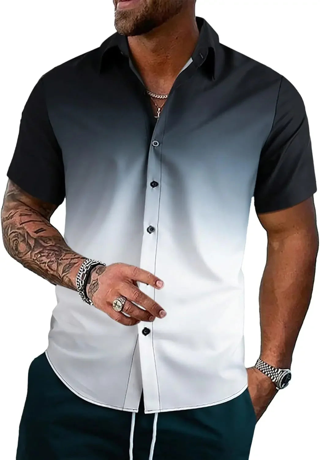 Men Shirt Ombre Gradient Short Sleeve Button Down Shirt Casual Lightweight Summer Style