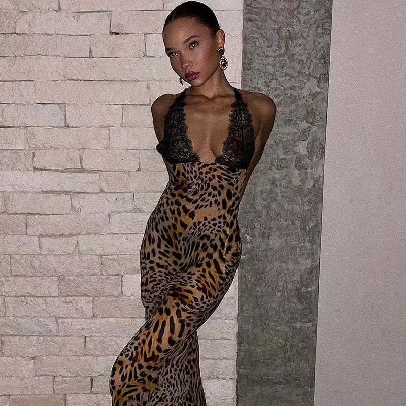 Sexy Leopard Print Lace Patchwork Maxi Dress Women Fashion V Neck Backless Long Dresses Spring Summer Female Holiday Vestidos