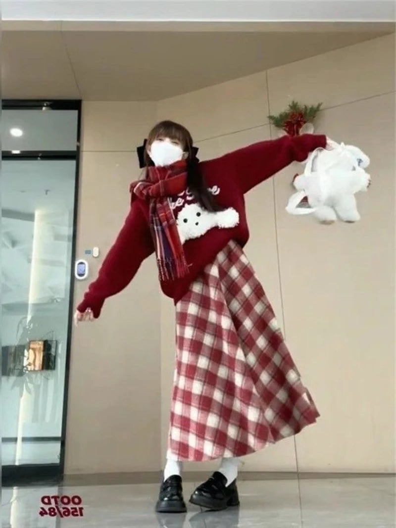 Red Plaid Midi Skirt Women Fall Winter Vintage High Waist Sweet Woolen Cloth Skirts Retro Loose Preppy Aesthetic Female Skirt
